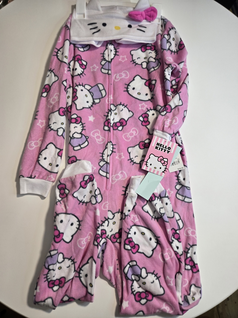 NWT Hello Kitty Girls Hooded Fleece One Piece Pajamas Pink Size M 7/8 Ears Bow